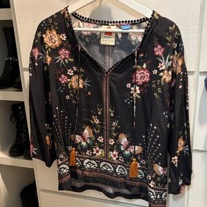 Farm Rio for Anthropologie Black Floral Blouse with Tassels Sz M